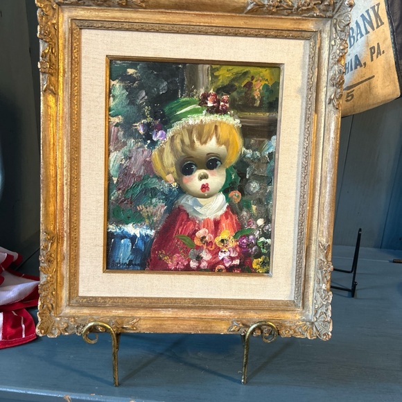 Signed “unknown” Vintage Framed Oil Painting, Girl With Big Eyes (Floral) - Picture 10 of 11